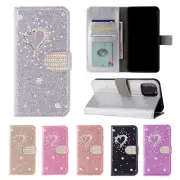 For iPhone 11 12 13 14 15 16 Pro Plus Max Bling Heart Folio Leather Wallet Case