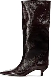 [Goolita] Burgundy Knee High Boots For Women, Pointed Toe Kitten Heel Wide Calf Boots Cherry Red Slip On Dress Tall Boots