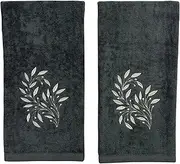 [Serafina Home] Bath Hand Towels Bathroom Decor Farmhouse: Grey Gray Cotton Towels with Embroidered White Ornate Leaves, 2 Piece Set
