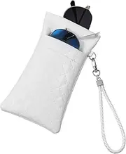 [HJZHII] Double Glasses Cases, Soft Eyeglass Case Squeeze Top Sunglass Pouch with Wrist Strap PU Leather Pouches for Men Women, White, White, 7 × 4.1 inch/18 × 10.5cm