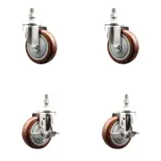 4 Inch 316SS Maroon Polyurethane 3/8 Inch Threaded Stem Caster Set 2 Brakes SCC