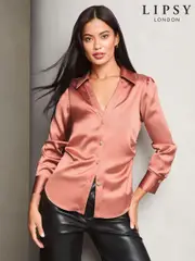 Lipsy Pink Ruched Side Satin Button Through Shirt (E74636) | $46