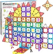 PicassoTiles 121pc Master Builder Magnetic Building Block Construction Set Magnet Tiles Blocks with Car Truck, 2 Character Action Figures, 28 Educational Alphabet Animal and Number Graphics, Windmill