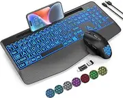 Wireless Keyboard and Mouse Backlits, Wrist Rest, Jiggler Mouse, Rechargeable Ergonomic Keyboard with Phone Holder, Silent Light Up Combo for Computer, Mac, PC, Laptop, Chromebook (Black Large Print)
