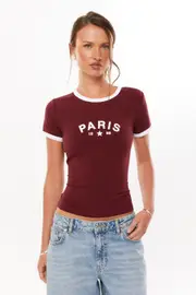 [Supré] Supré - Candi Fitted Ringer Tee - Dark plum/paris M DARK PLUM/PARIS