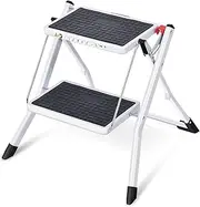 KINGRACK 2 Step Ladder with Wide Anti-Slip Pedal, Folding Lightweight Step Stool, 150kg Portable Steel Step Stool, White