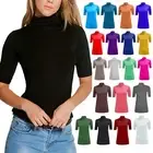 New Women T-Shirt Polo Neck Turtle Top Short Sleeve High Neck Plus Size 8-26