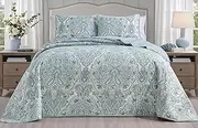 3-Piece Fine Printed Oversize (115 X 95) Quilt Set Reversible Bedspread Coverlet King Size Bed Cover (Pale Blue Grey Paisley)