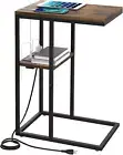 C Shaped End Table with Charging Station for Living Room, Bedroom, Sofa Table wi
