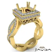 Halo Pave Princess Cut Semi Mount Diamond Engagement Ring 18k Yellow Gold 1.3Ct