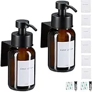 Relaxdays Soap Dispenser, Set of 2, 250 ml, Glass, Stainless Steel, Wall-Mounted, Adhesive, Sanitiser Pump, Brown/Black