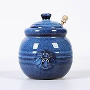 Cutiset Ceramic Honey Pot with Lid and Dipper, 20oz rustic Honey Jar (Blue)