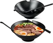 2 × Ramen Bowl Set, Japanese Ramen Bowl, Melamine Large Japanese Style Noodle Soup Bowls Set, 37 Oz Melamine Ramen Bowl Set with Chopstick and Ladle Spoon for Udon Soba Pho Any Soup Meal (2pcs-Black)
