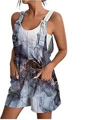 [Generic] Stretchy Jumpsuits for Women Women's Tie Shoulder Overall Shorts Scoop Neck Prints Romper Jumpsuit With Pocket Jumpsuit 14 16 Girls