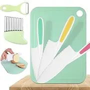 Children's Knife Set - Tikplus 6-Piece Children's Cutting Knife for Cutting and Cooking Fruit or Vegetables for Toddlers - 3 Wooden Knives + Chopping Board + Peeler + Wave Knife