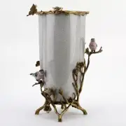 NEW PORCELAIN WHITE CRACKLE VASE IN BRONZE ORMOLU WITH APPLIED BIRDS