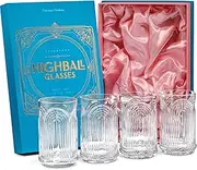GLASSIQUE CADEAU Vintage Art Deco 1920s Gin Cocktail Long Drink Glasses with Relief for Caipirinha, Mojito, Gin Tonic, Cuba Libre, Set of 4, 400 ml High Highball Cocktail Glasses