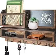 Wood Coat Rack Wall Mount with Shelf, Key Holder for Wall, Mail Organizer Wall Shelf with Key Coat Hooks, Wood Key Holer, Sunglasses Storage and Hanger for Bathroom, Living Room, Bedroom