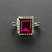 3 Ct Emerald Simulated Ruby Engagement Ring Free Pendant 14K White Gold Plated
