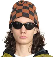 [UNDERCONTROL] Unique Logo Embroidery Unisex Fall Winter Thin Long Checkerboard Pattern Beanie Korea Knit Slouchy Skull Ski Hat