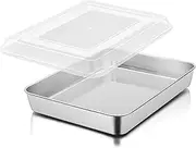 Herogo Deep Baking Tray with Lid (26.5 x 20.6 x 5 cm) Stainless Steel Rectangular Cake Tray Oven Tray Grease Pan for Baking Cooking, Ideal for Cakes Brownie Lasagna, Mirror Finish and Dishwasher Safe