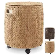 Rolling Storage Basket with Lid & Wheels, Wicker Hyacinth Hamper Storage Bin