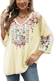 [AK] Women's Mexican Embroidered Tops 3/4 Sleeve Boho Hippie Plus Size Shirts for Ladies Casual Loose Peasant Blouse