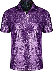[Generic] Mens Disco Sequins Polo Shirts Disco Nightclub Party Shirt Party Glitter T Shirts for Men