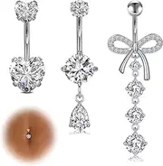 [LAURITAMI] 14G Belly Button Ring Dangle Navel Belly Piercing Jewelry Cute CZ Heart Butterfly Bow Flower Navel Belly Rings for Women, 16G, Stainless Steel, cubic zirconia