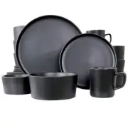 Elama Luxmatte Matte Black 20 Pc Round Double Bowl Stoneware Dinnerware Dish Set