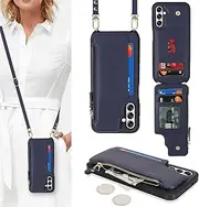Cavor for Samsung Galaxy A14 5G Phone Case Wallet, Galaxy A14 Crossbody Case with Strap,Galaxy A14 5G Wallet Case for Women,Leather Zipper Pocket Card Holder Case-Blue