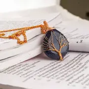 Healing Crystal Tree of Life Blue Gold Stone Amulet Pendant Necklace For Courage