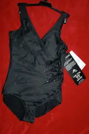 Miraclesuit Black One Piece Love Triangles Sz 16 Retail $160