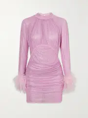 [Self-Portrait] Self-Portrait - Feather-trimmed Crystal-embellished Stretch-mesh Mini Dress - Pink - UK 4 UK 4 Pink
