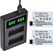 2 Packs LP-E8 Batteries Dual Charger with Type C Port for Canon EOS 550D 600D 650D 700D Kiss X4 X5 X6i X7i Cameras