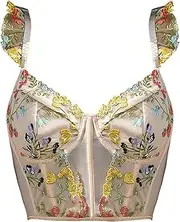 [Eforcase] Women Floral Embroidery Bra Camisole Tops Tank Top Crop Top Backless Cami Top V Neck Embroidery Crop Cami Top