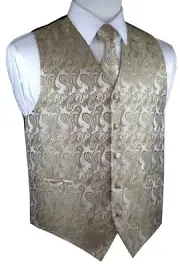 MEN'S DARK CHAMPAGNE PAISLEY TUXEDO VEST TIE & HANKIE. FORMAL DRESS WEDDING PROM