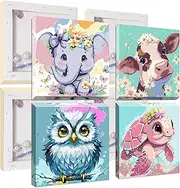 UMOART Framed Paint by Numbers - 4Packs Animals Paint by Numbers for Adults, Cow Paint by Number Kits on Canvas, DIY Cartoon Oil Painting Acrylic Kits for Home Decor 8x8in
