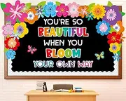 Back to School Floral Bulletin Board Bloom Your Own Way Bulletin Board Decorations Inspirational Floral Butterfly Paper Cutouts for Summer School Office Home Nursery Chalkboard Wall Door Supplies