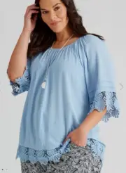 Autograph Top Plus Size 24 Tunic On/Off Shoulder Blue Lace 3/4 Sleeve R$90 NEW