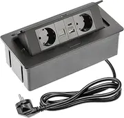 GTV Multisoft Built-in Socket Black with 2 x Schuko, USB A+C, RJ45, Retractable with Cover, 1.5 m Cable, Ideal for Desk, Conference Table or Kitchen worktop