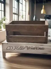 Medium Brown Stained Wooden CD Storage Crate – Rustic Handmade Organizer