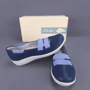 Clarks Womens Shoes Cloud Steppers Loafers Navy Blue Suede 7 Medium Straps New