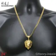 24"MEN Stainless Steel 7mm Gold Plated Cuban Curb Link Chain LION Pendant*GP50