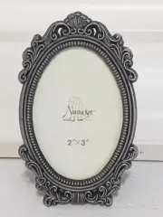 2"X3" Nantucket Ornate Silver Metal Oval Table Top Picture Frame (Velvet Back)