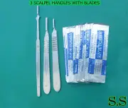 3 SCALPEL HANDLES #3 #4 #7+20 BLADES #10 #11 #12 #15 #16 #20 #21 #23 #24