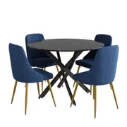 5 Piece Twist Leg Black Dining Table and Blue Velvet Chair Set