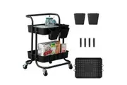 (Black)2 Tier Kitchen Rolling Storage Cart with Wheels Handle & Hooks & Cups
