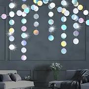 Leuik 26Ft Holographic Paper Garland Iridescent Circle Dots Party Streamer Banner Backdrop Hanging Decorations, Twinkle Paper Hanging Decorations for Birthday Party Wedding