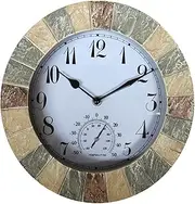 10 inch Outdoor Wall Clock Faux Slate with Built-in Thermometer Combo Waterproof Large Clocks for Patios Weatherproof Battery Operated Quartz Movement